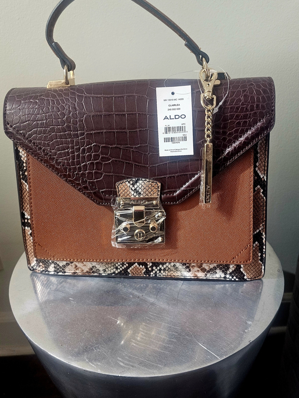 ALDO Lailarea Satchel Bag NWT Brown Croc & Snake Print Top Handle Crossbody